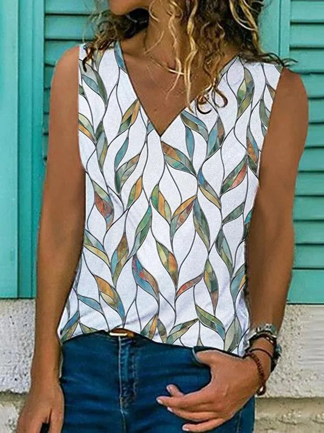 Casual Printed V-neck Pullover Sleeveless Summer T-shirt