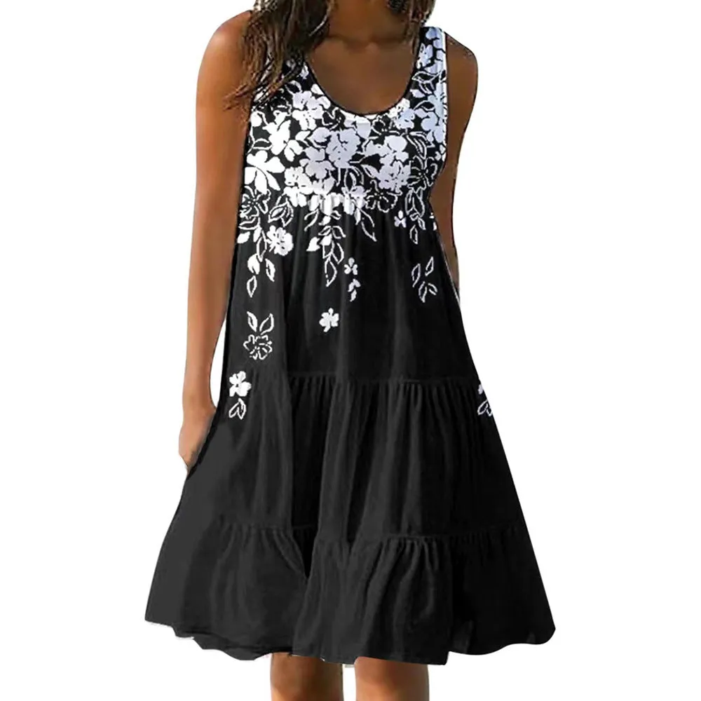 Floral Print A-Line Dress - Sleeveless, Casual & Elegant for Beach & Party