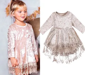 Girls Boho Crushed Velvet Tassel Dress , Toddler Flower Girl Dress Velvet