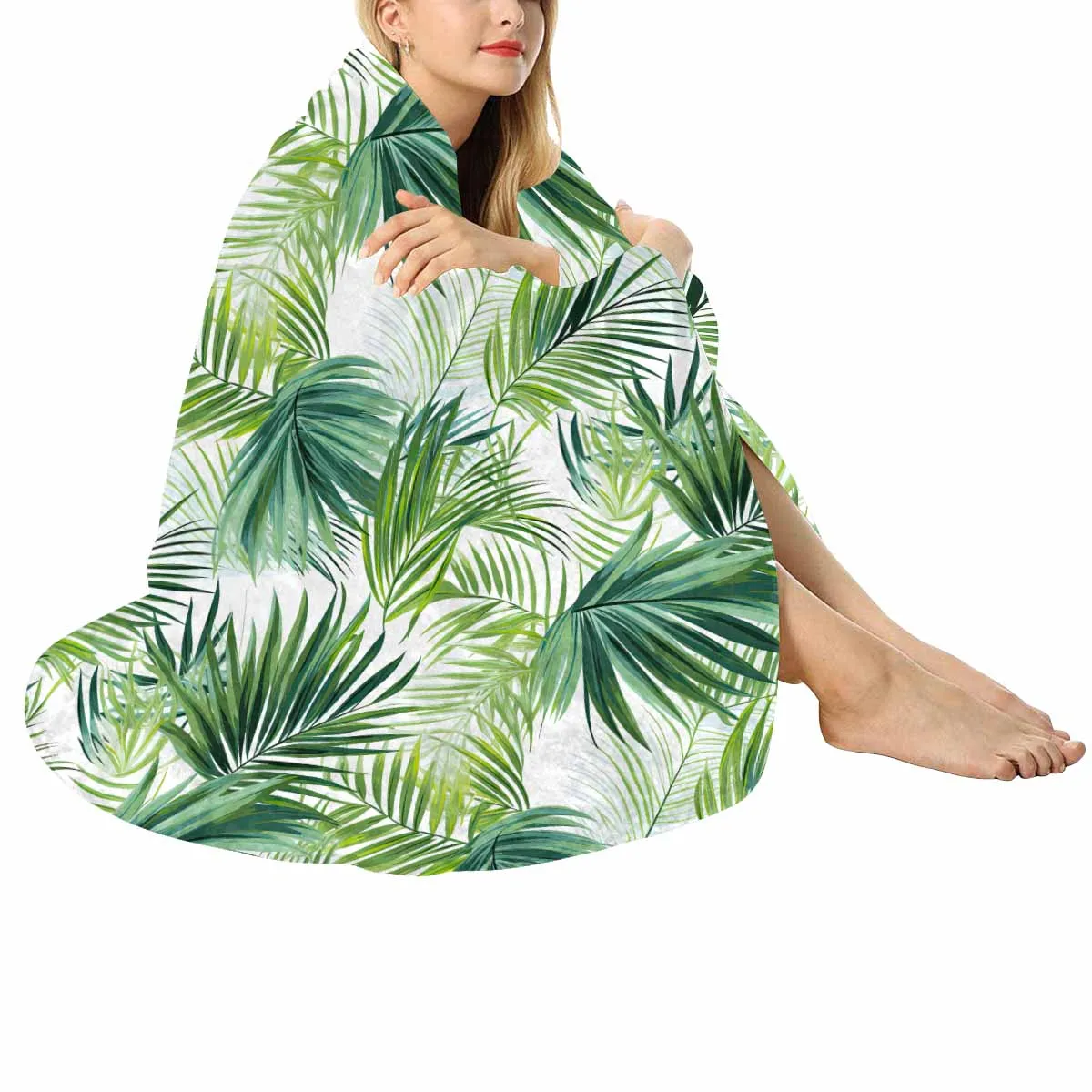 Green Palm Leaves  Circular Micro Fleece Blanket 60"