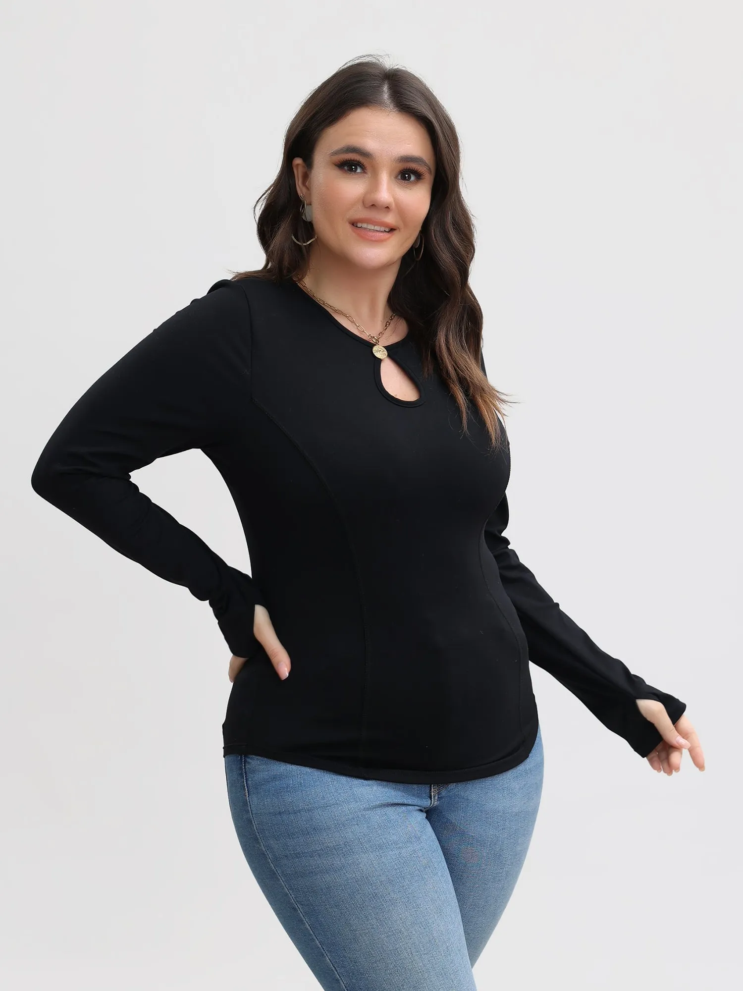 Midsize Round Neck Long Sleeves Cutout Top