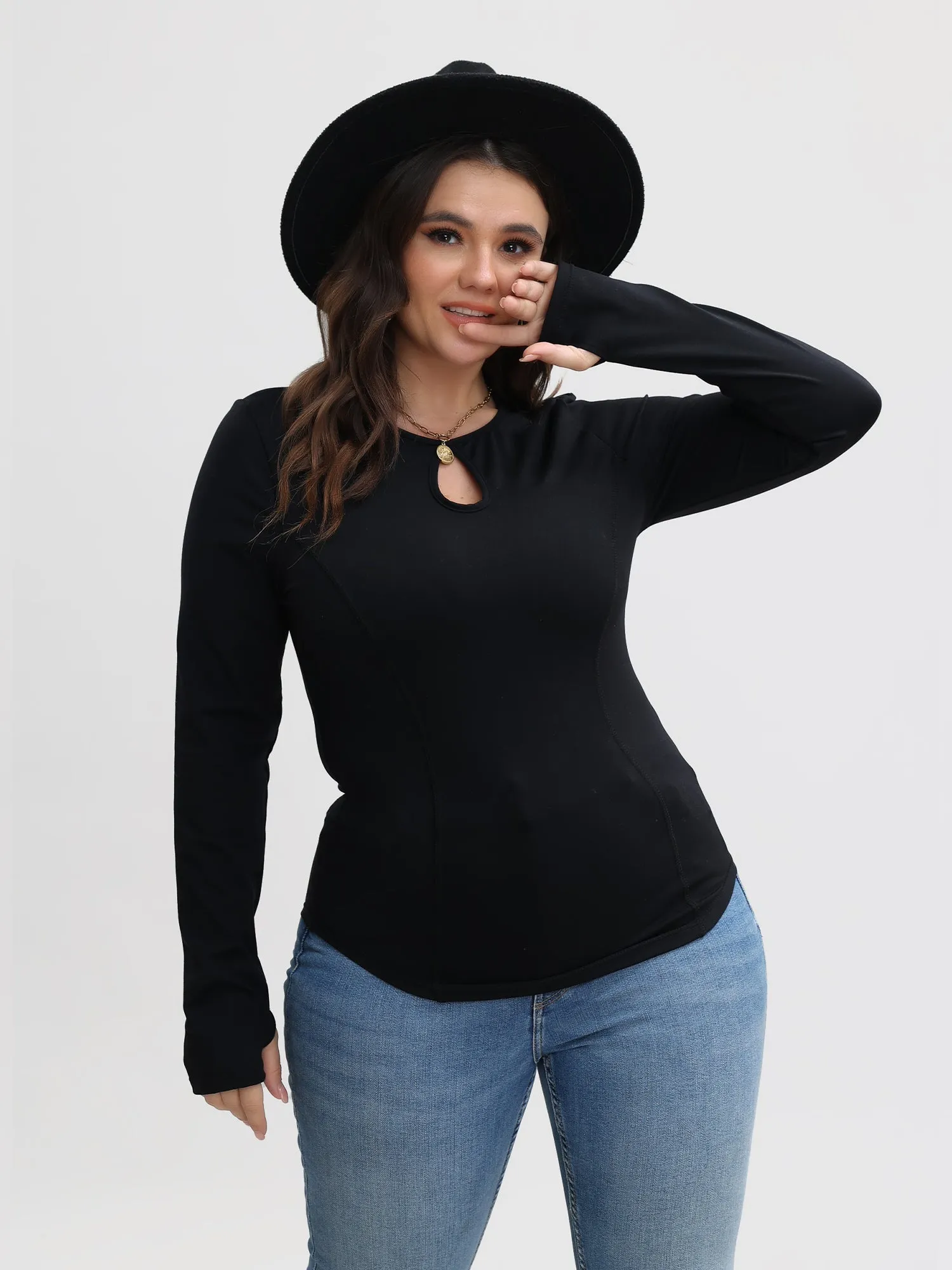 Midsize Round Neck Long Sleeves Cutout Top