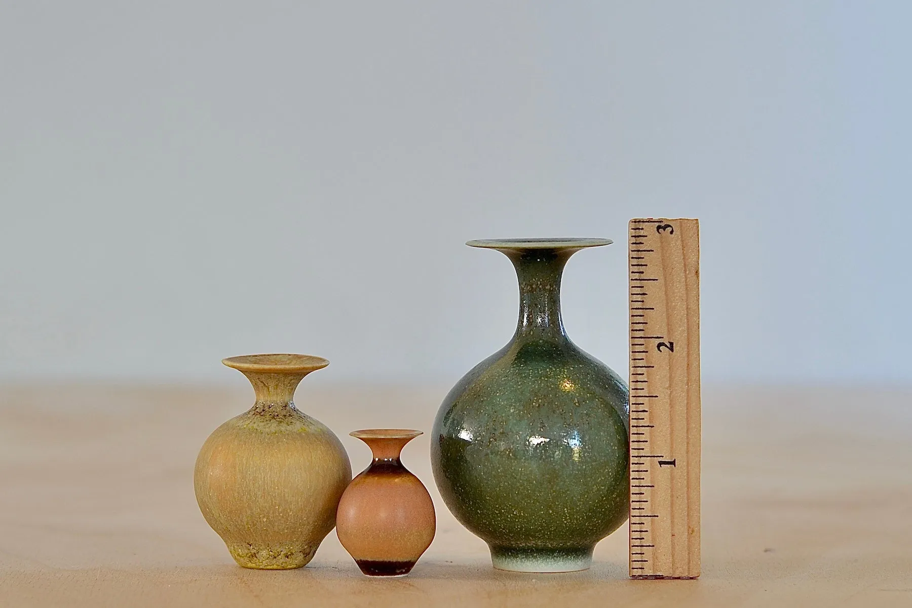 Miniature Hand Thrown Ceramic Vase Trio I in Green, Ochre and Orange