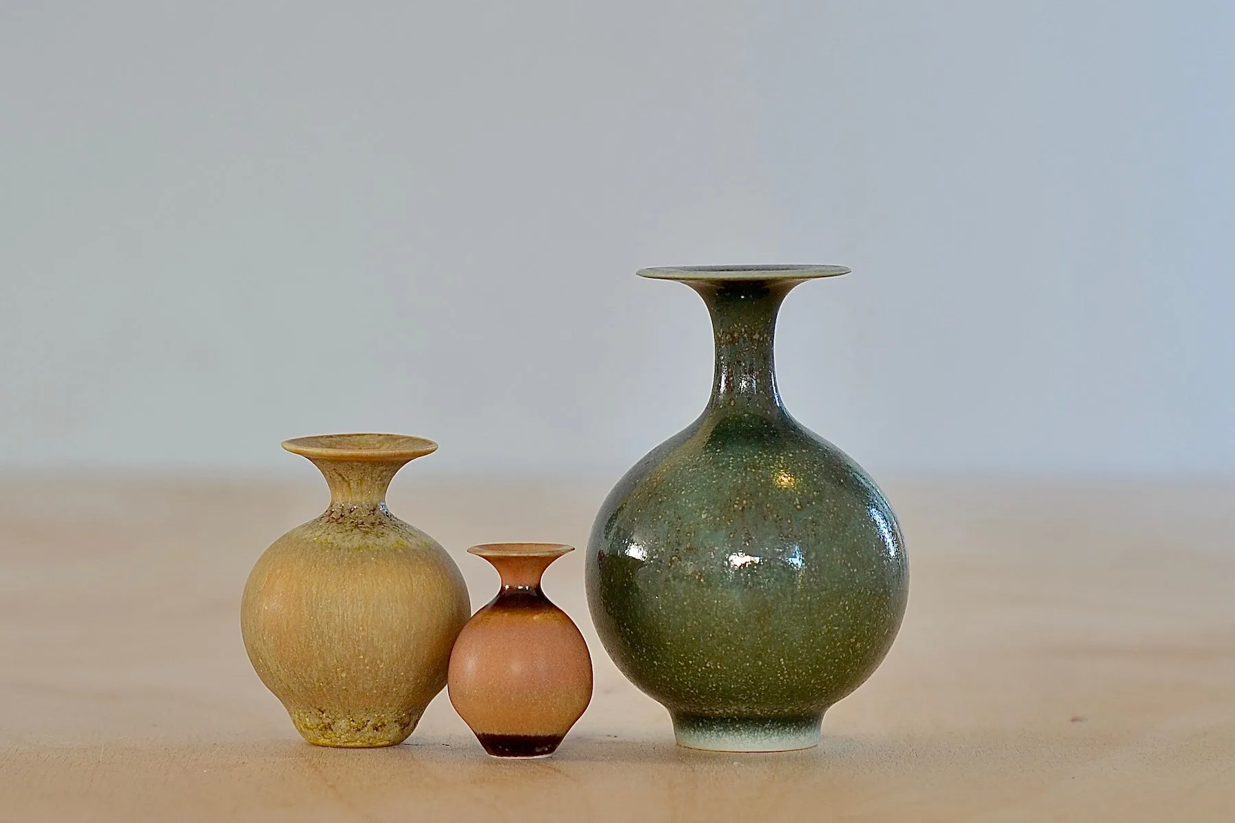 Miniature Hand Thrown Ceramic Vase Trio I in Green, Ochre and Orange