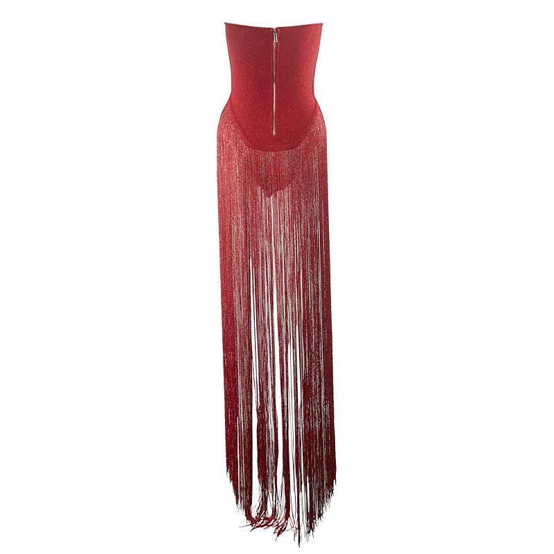 Montie Strapless Tassle Hem Midi Dress