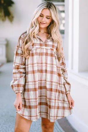 Plaid Long Sleeve Babydoll Mini Dress