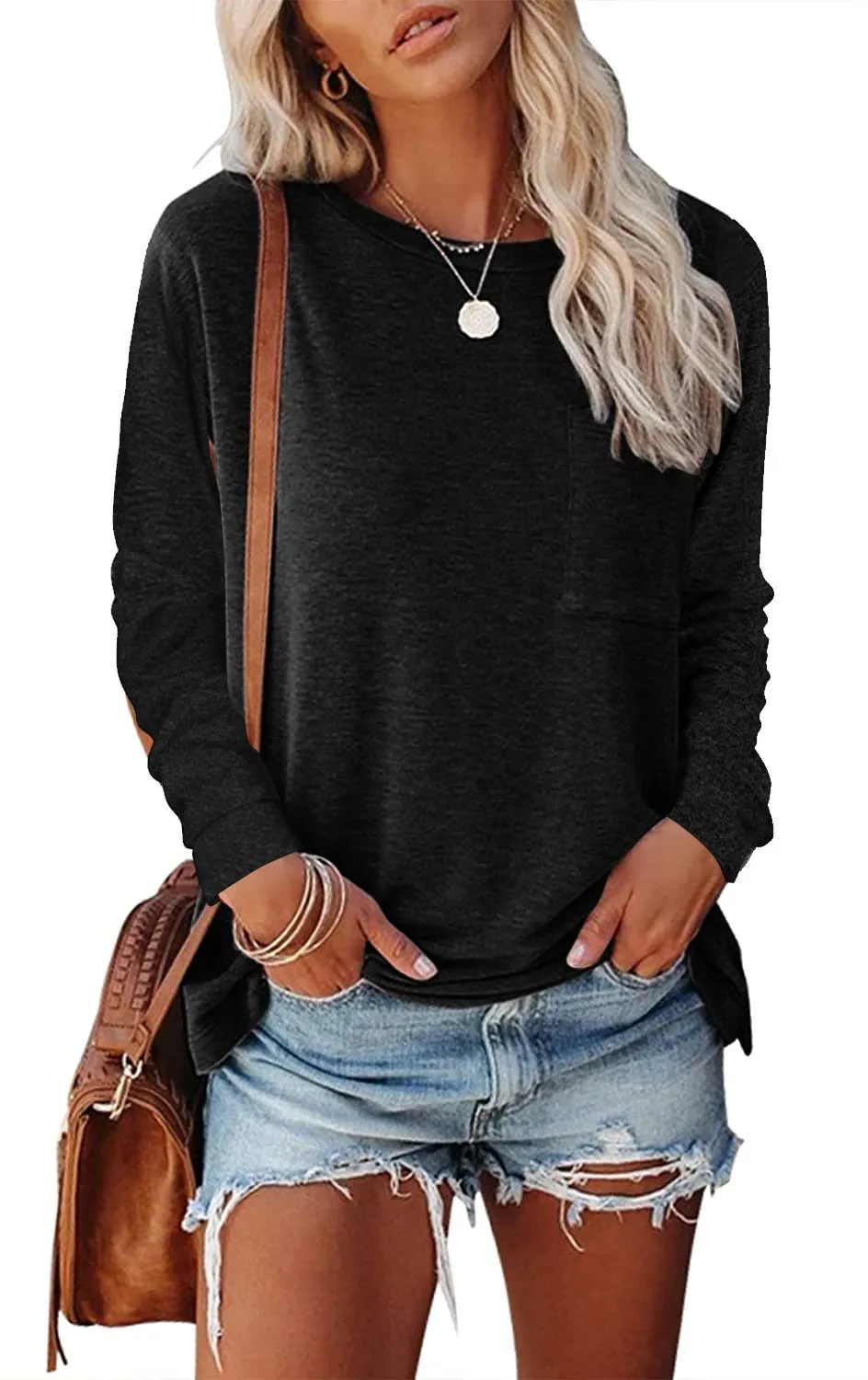 Round neck pocket split long-sleeved casual loose top bottoming T-shirt