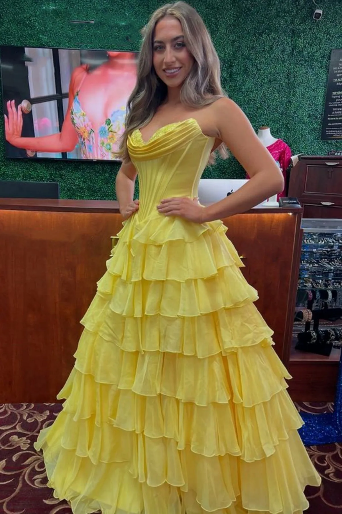 Strapless Layered Yellow Chiffon Long Prom Dress with High Slit, Long Yellow Formal Graduation Evening Dress A2238