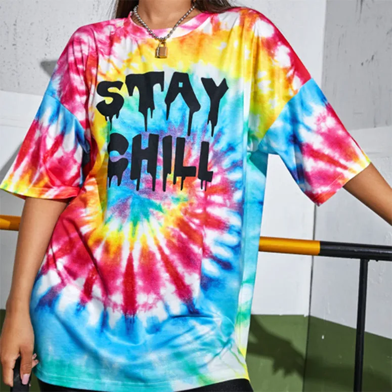 Street multicolor tie-dye letter print round neck women's short-sleeved T-shirt