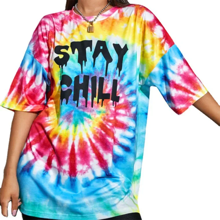 Street multicolor tie-dye letter print round neck women's short-sleeved T-shirt