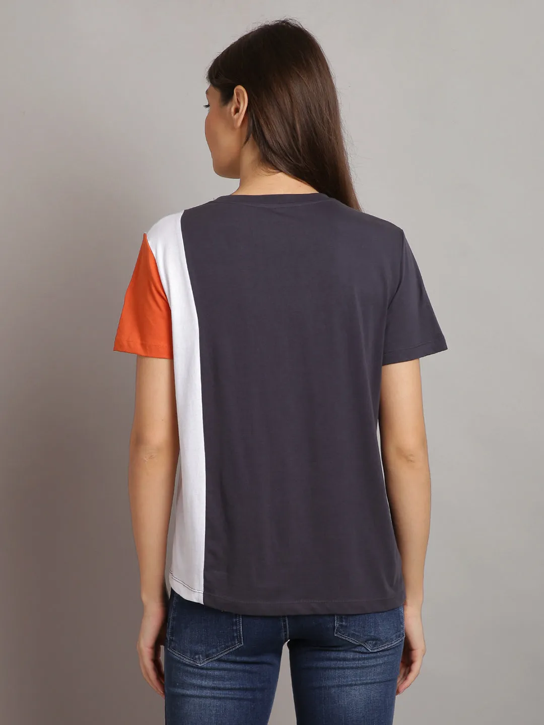 Women Dark Blue & Orange Cotton Round Neck T-shirt