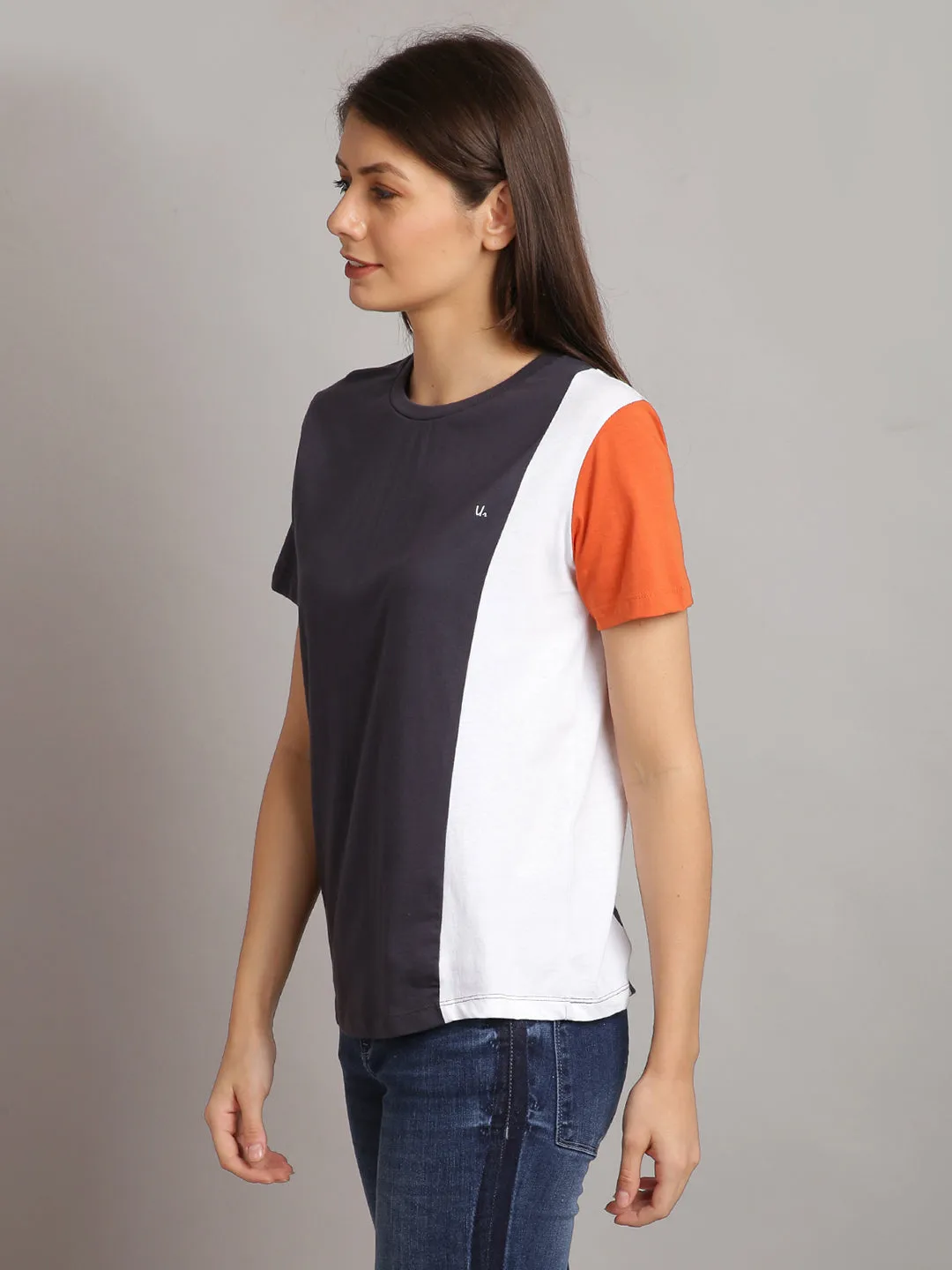 Women Dark Blue & Orange Cotton Round Neck T-shirt