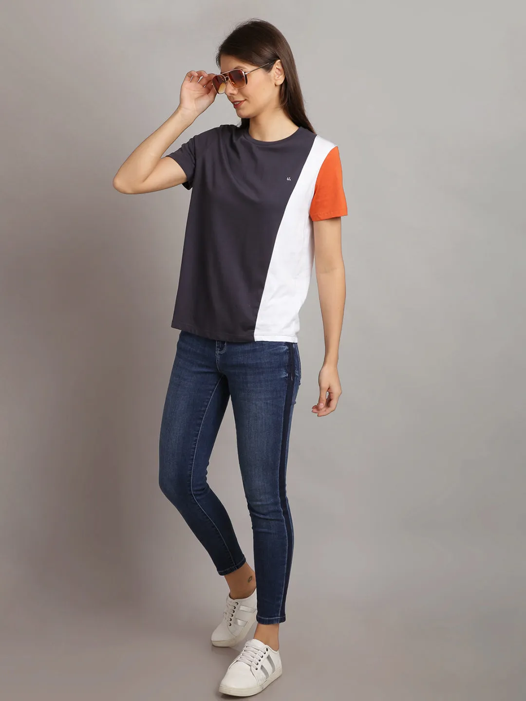 Women Dark Blue & Orange Cotton Round Neck T-shirt