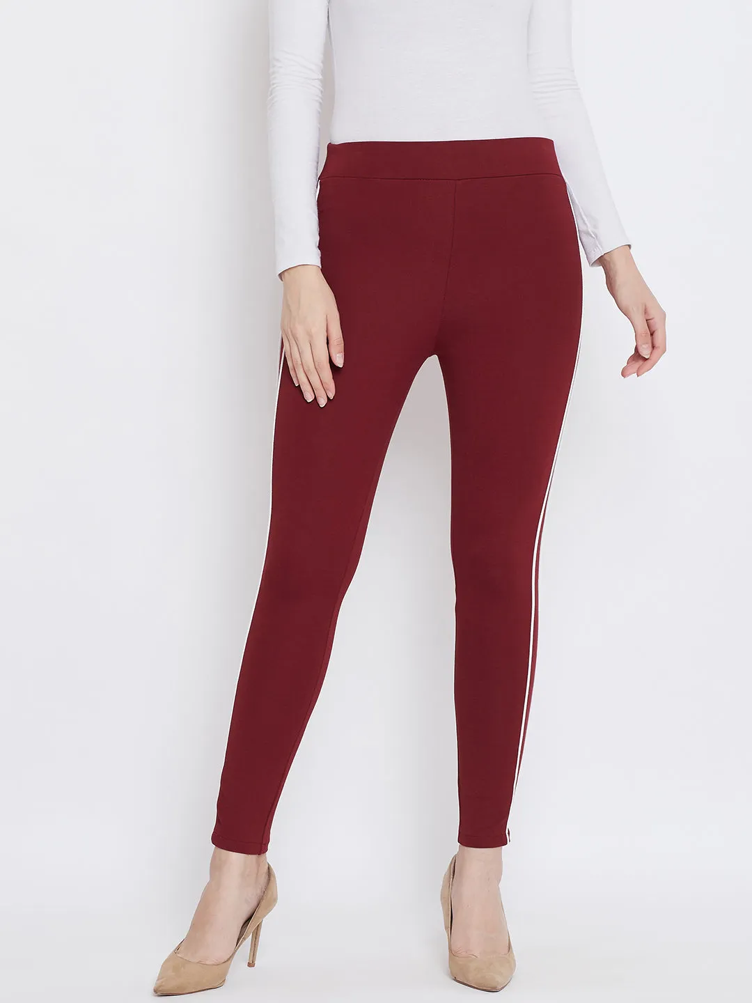 Women Maroon Solid Striped Jeggings