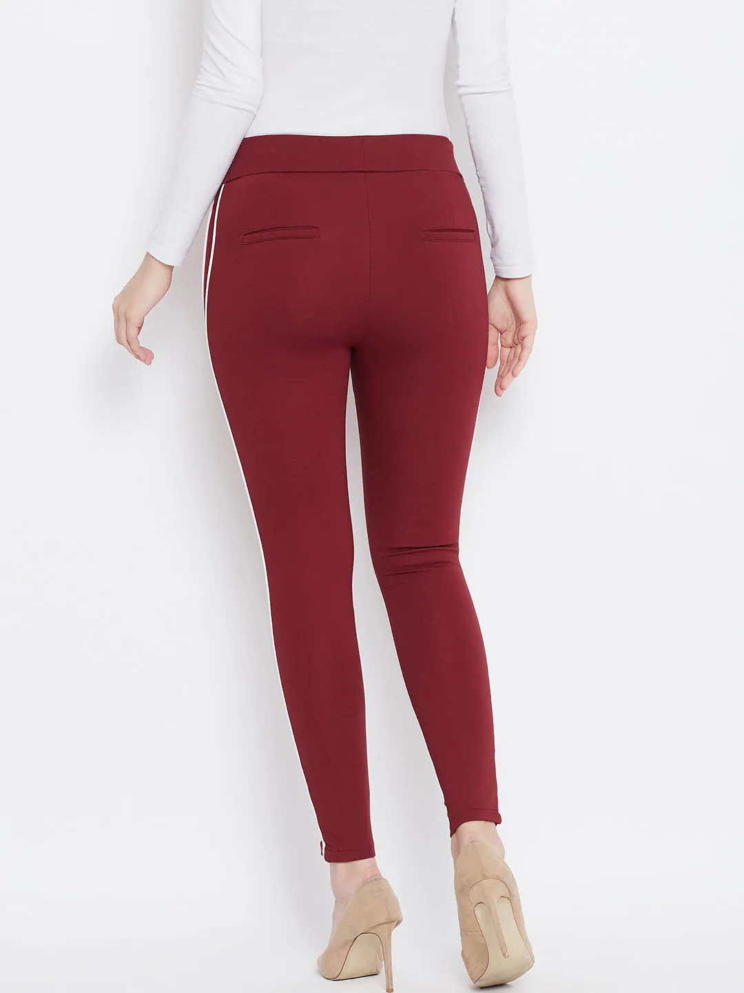 Women Maroon Solid Striped Jeggings