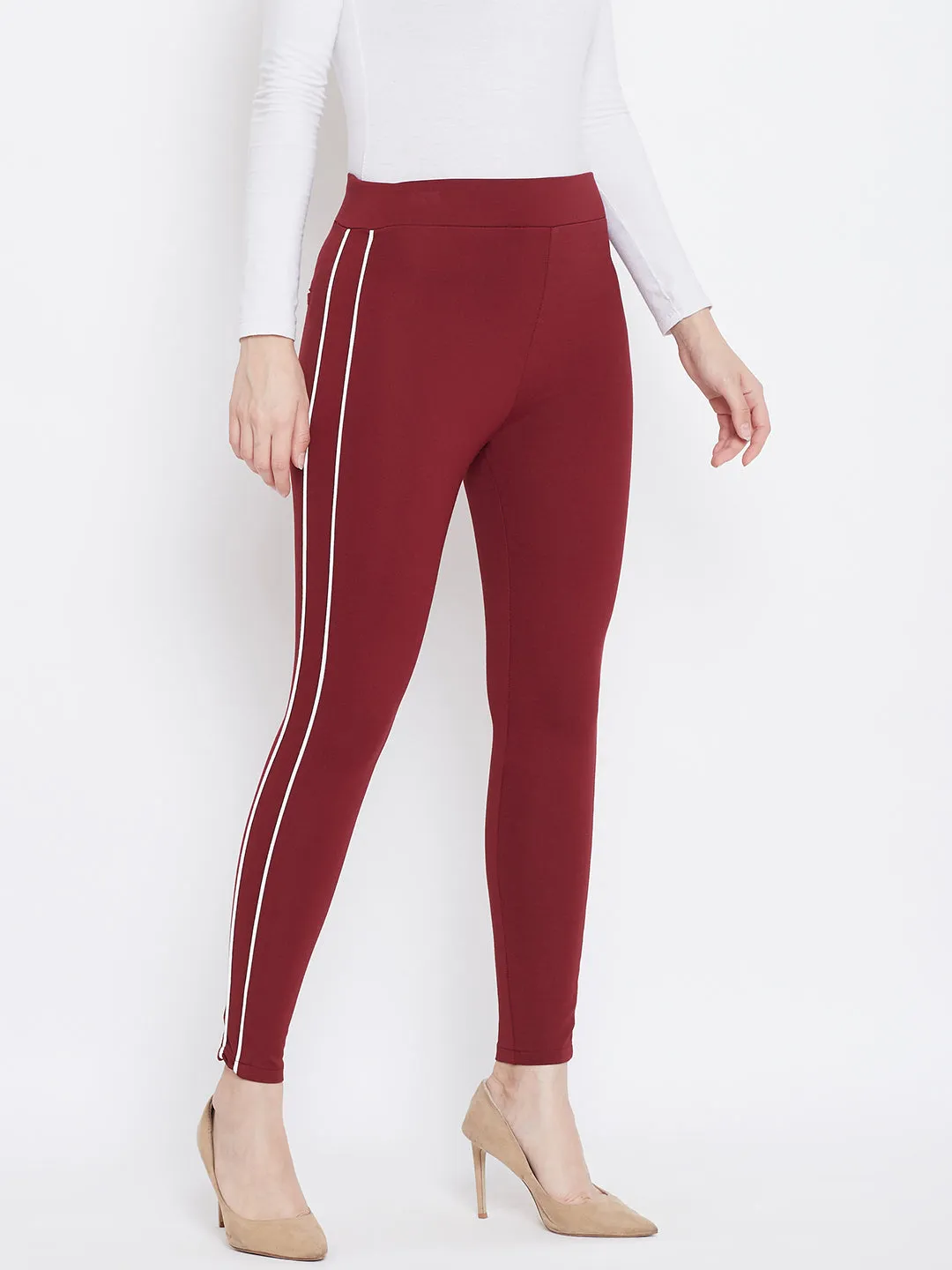 Women Maroon Solid Striped Jeggings