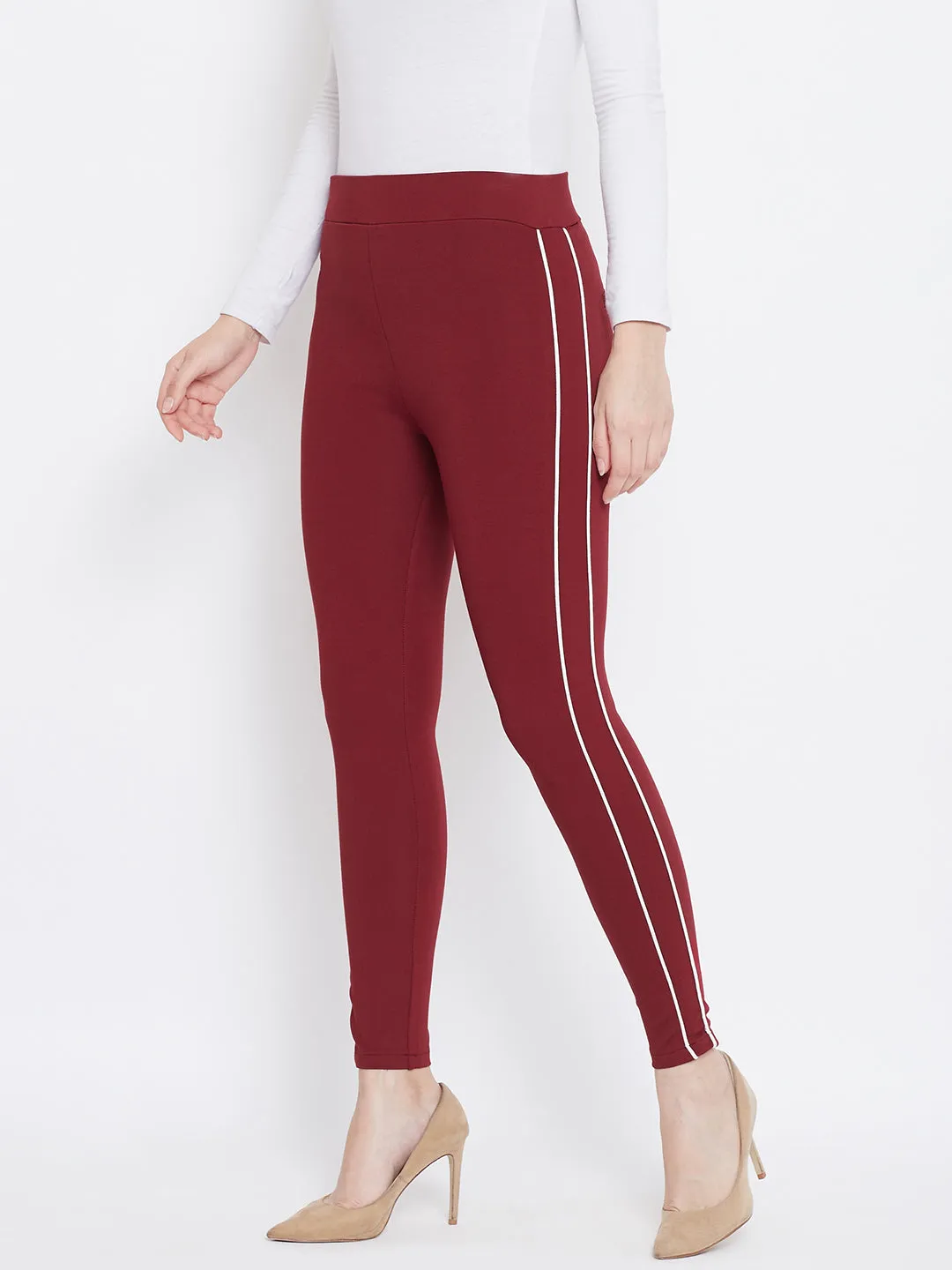 Women Maroon Solid Striped Jeggings