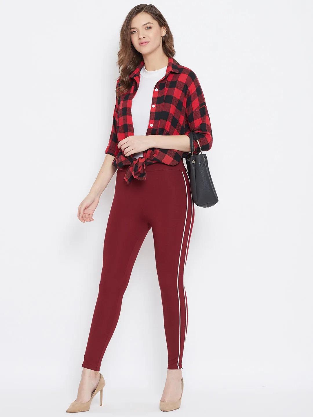 Women Maroon Solid Striped Jeggings